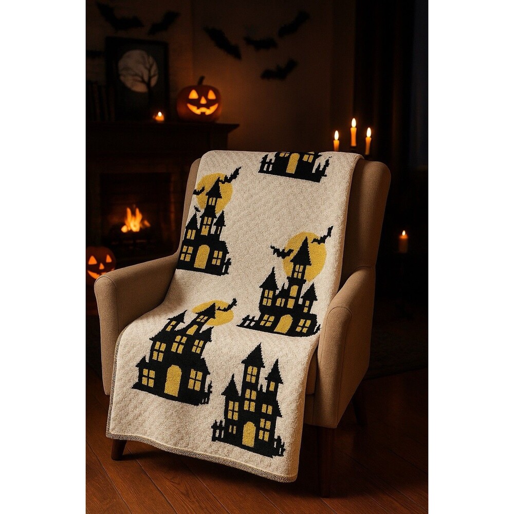 Cynthia Rowley Halloween Haunted House Throw Blanket Beige Bats Pumpkins‎ Decor